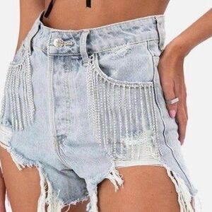 Adika rhinestone fringe denim shorts